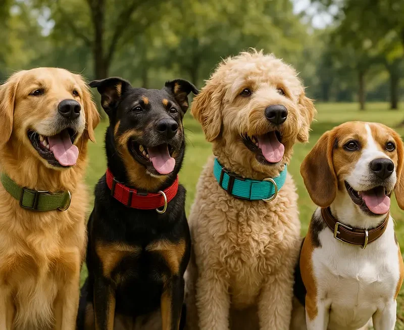 Group of dogs wearing various durable collars, playing in a park.