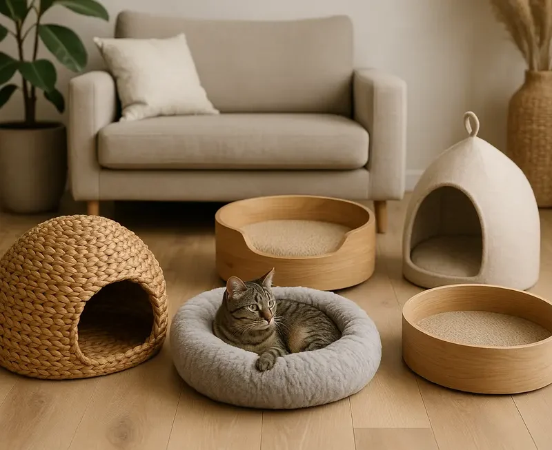 Various cat beds in a home setting, showcasing their stylish, comfortable, and sustainable designs.