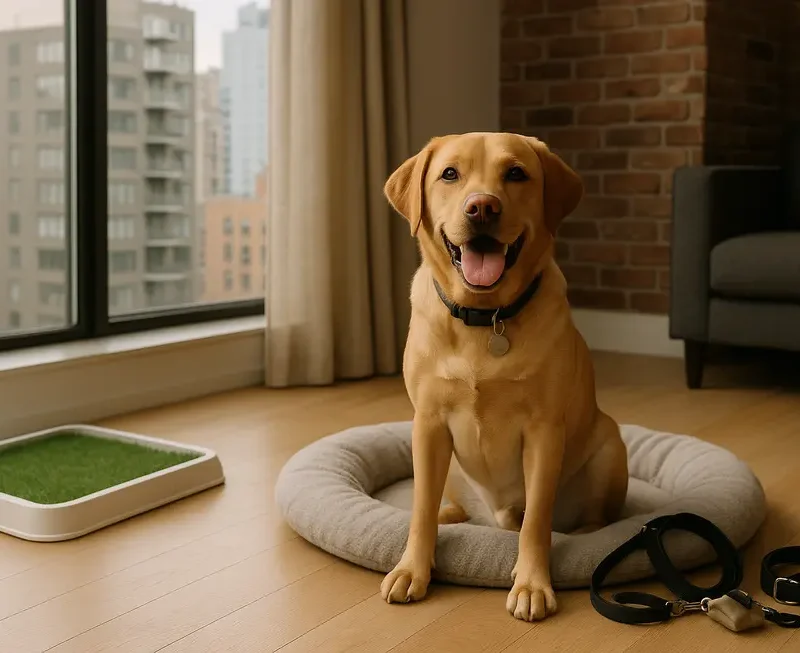 A happy dog in an apartment setting with essential pet gear around.