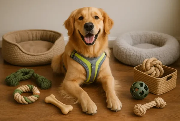 Golden retriever sitting with various eco-friendly pet accessories, including a harness, bed, and toys.