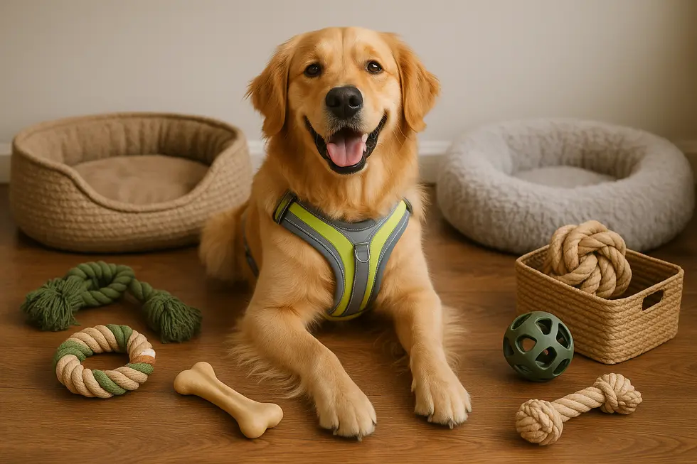 Golden retriever sitting with various eco-friendly pet accessories, including a harness, bed, and toys.