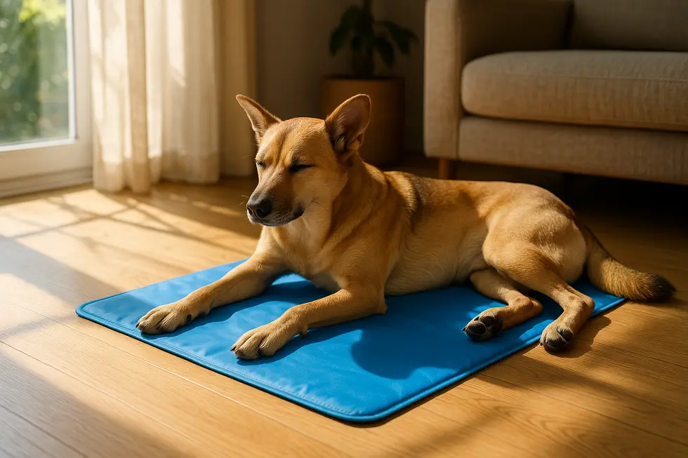 A dog comfortably resting on a cooling mat designed for hot weather comfort.