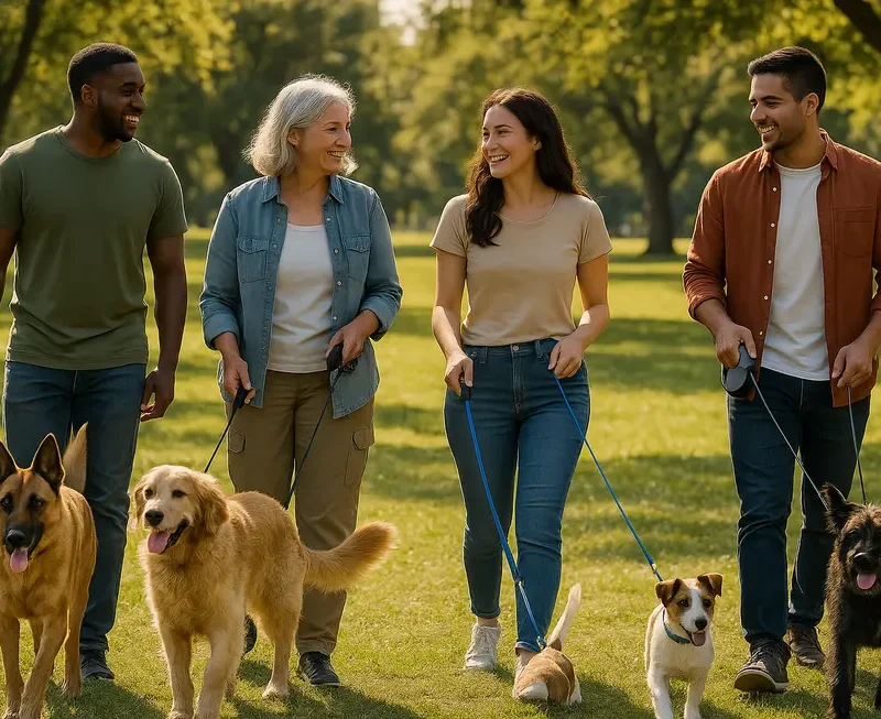 A group of diverse pet owners with dogs using retractable leashes at a park.