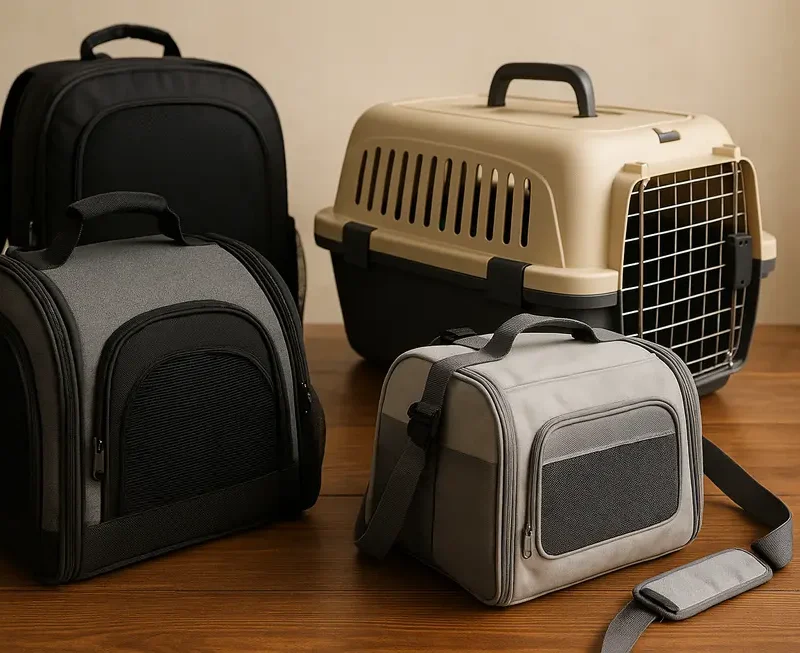 A variety of pet travel carriers displayed prominently, showcasing different features and benefits.