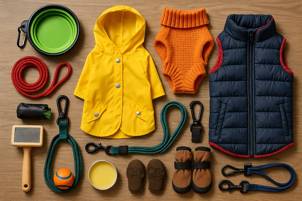 Various dog walking gear on a table, showcasing seasonal essentials.