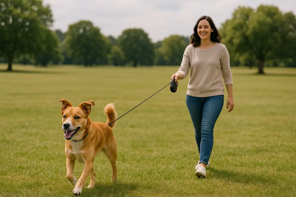 A dog enjoying the freedom and flexibility of a retractable leash in a park.