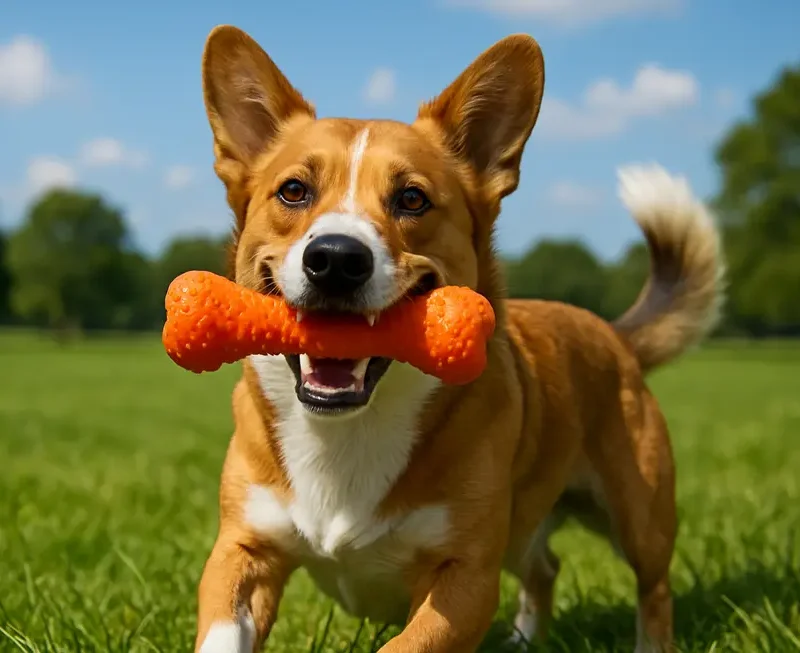 A dog in a park playing with a durable toy, representing safety and fun.