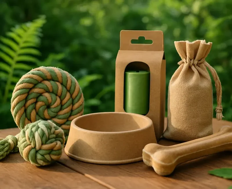 Eco-friendly pet products displayed with a natural backdrop, emphasizing sustainability and environmental responsibility.