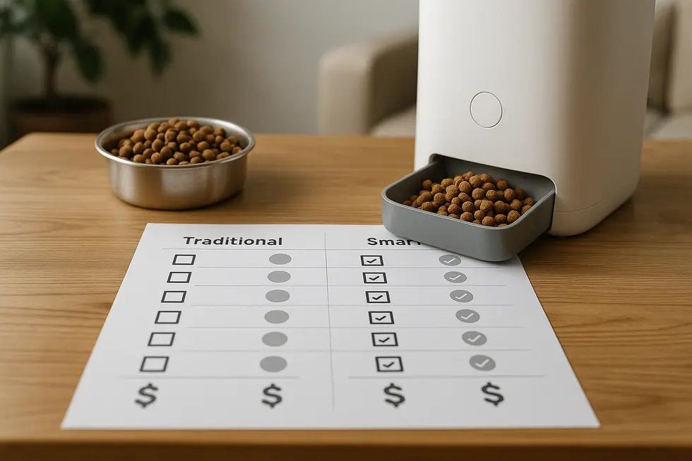 A high-tech smart pet feeder with a camera and LED screen, exemplifying modern pet care solutions.