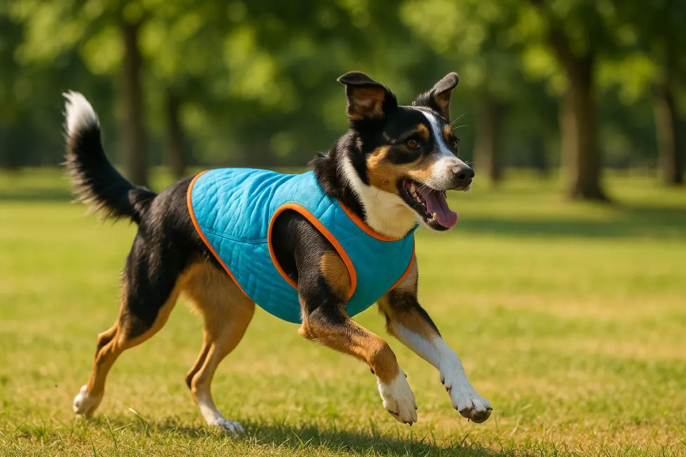 A dog comfortably resting on a cooling mat designed for hot weather comfort.