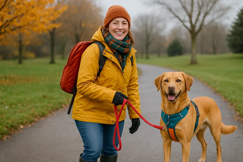 An array of dog walking gear laid out for different seasons.