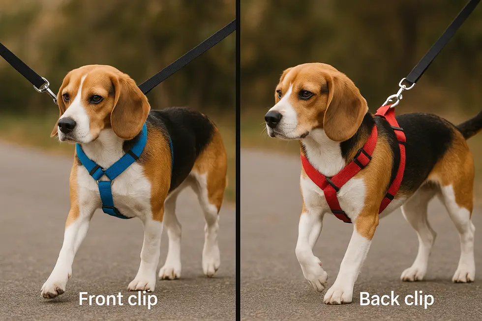 A small dog enjoying a walk with a comfortable and secure harness.