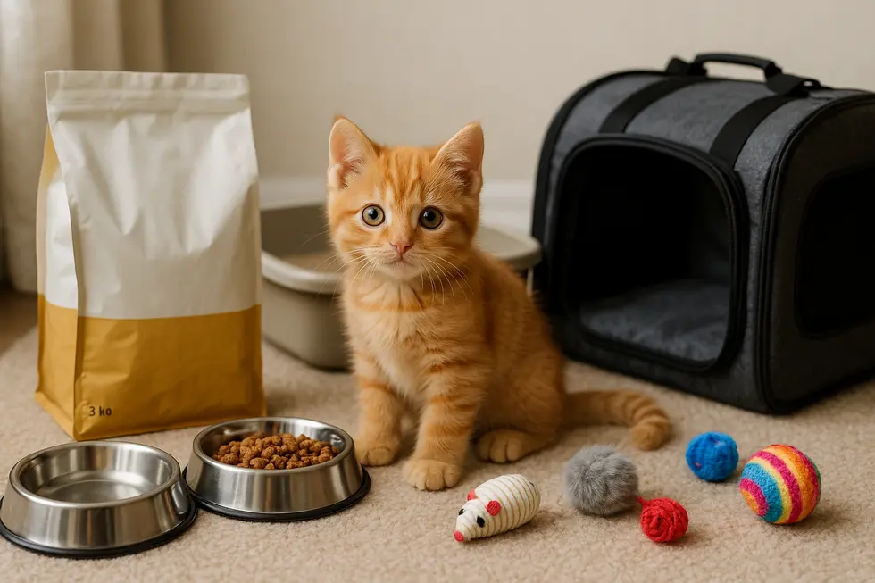 A kitten equipped with essential accessories for a happy and healthy start.