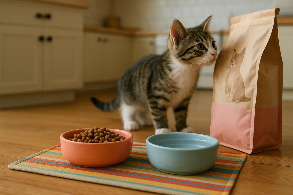 Kitten food and water bowls part of essential nutrition setup.