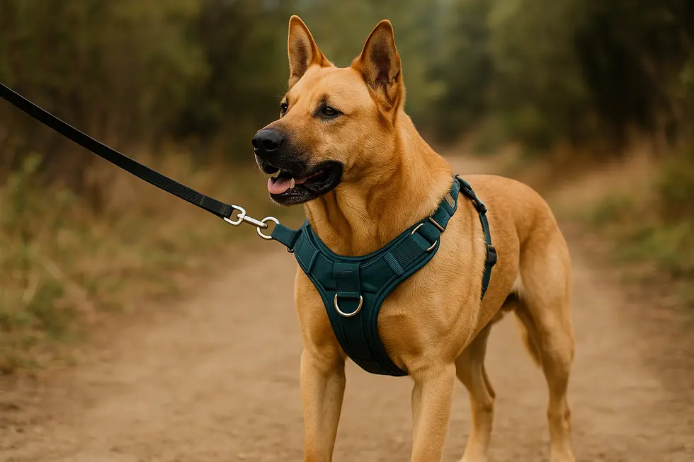 A small dog enjoying a walk with a comfortable and secure harness.