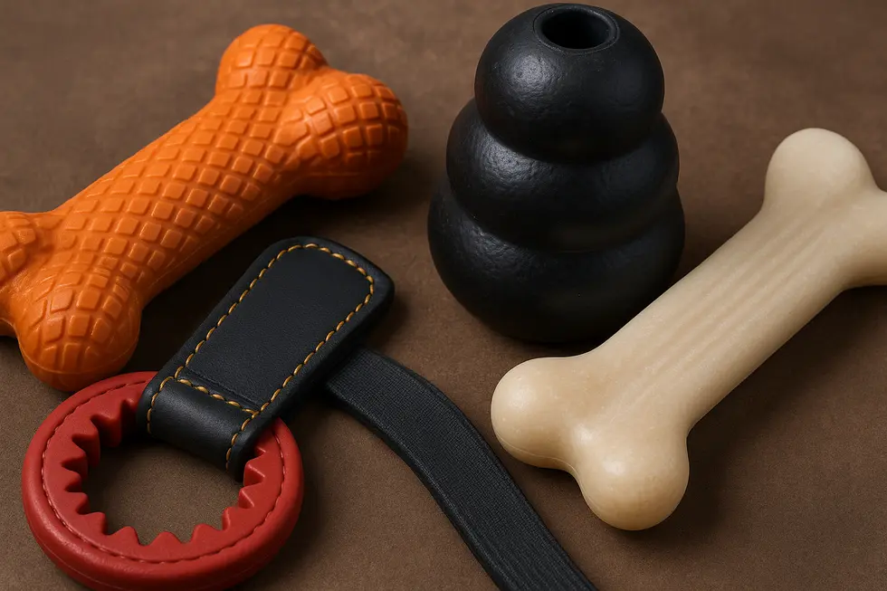 Close-up of durable dog toys designed with advanced materials for longevity.