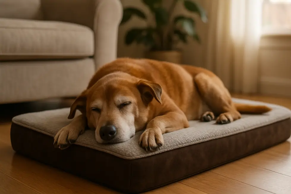 A senior dog enjoys a restful nap on an orthopedic memory foam bed.