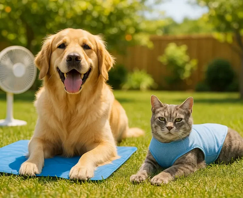 A dog and a cat lying on the grass in a sunny backyard, with the dog wearing a cooling vest and the cat relaxing on a cooling mat, showcasing their comfortable state in hot weather.