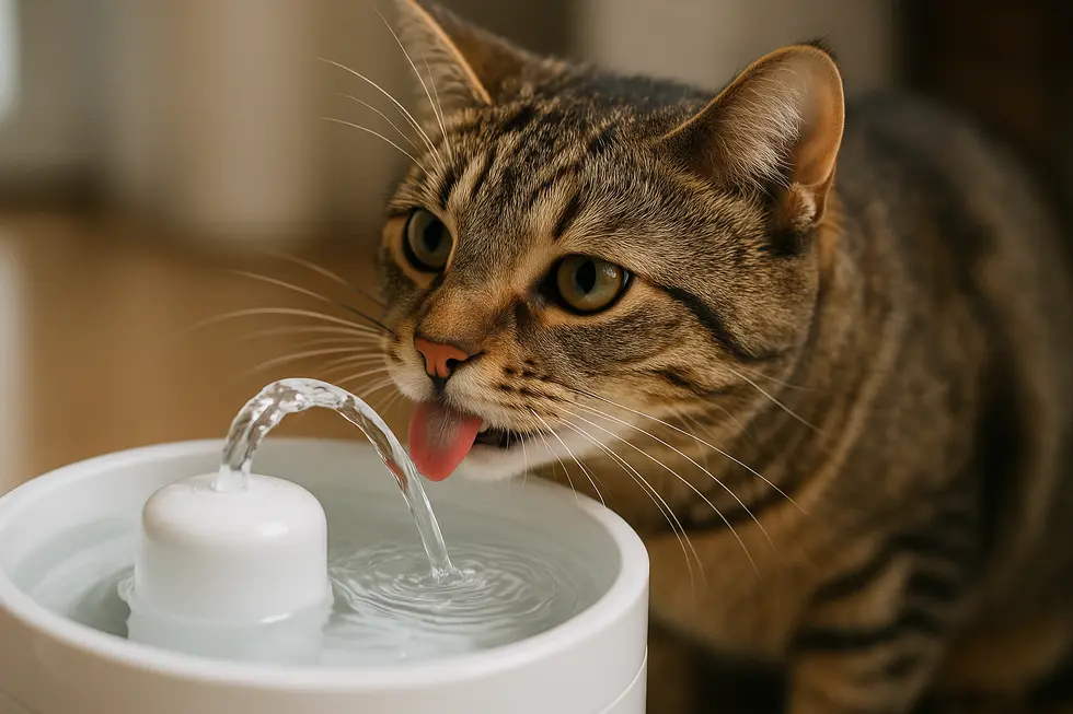 A cat attracted to the circulating water of an automatic fountain, showcasing increased drinking behavior.