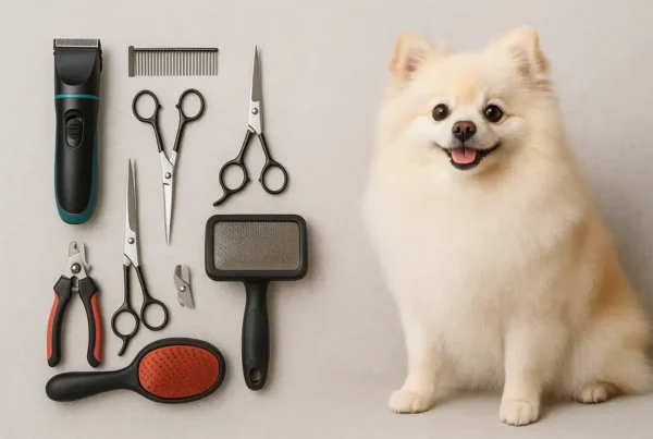 A range of pet grooming tools with a well-groomed dog nearby, illustrating effective grooming.