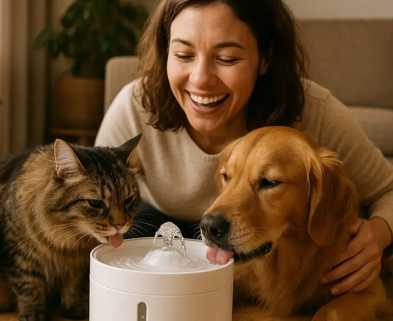 A pet owner with a cat and dog enjoying an automatic water fountain in a home setting.