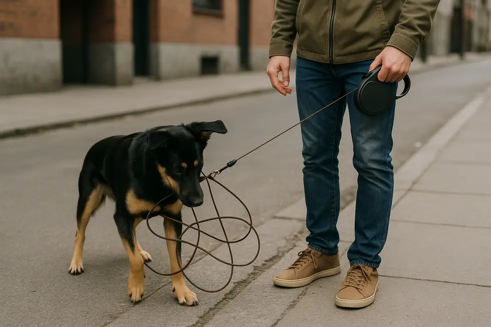 A dog enjoying the freedom and flexibility of a retractable leash in a park.
