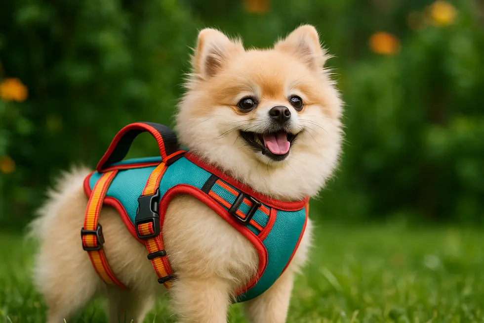 A small dog enjoying a walk with a comfortable and secure harness.