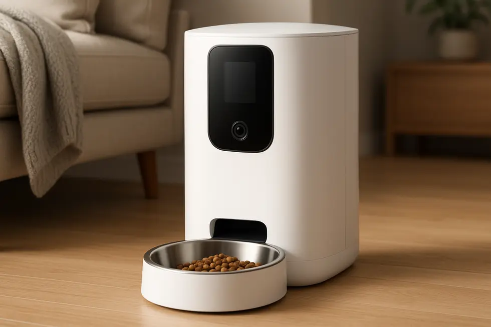 A high-tech smart pet feeder with a camera and LED screen, exemplifying modern pet care solutions.