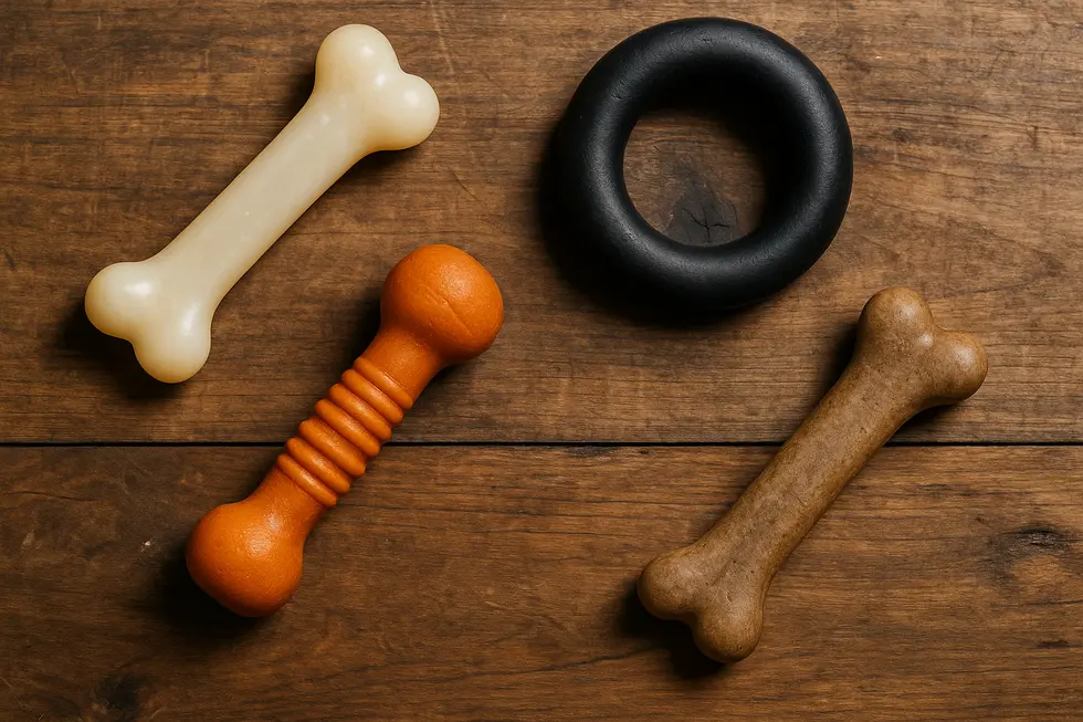 Close-up of durable dog toys designed with advanced materials for longevity.