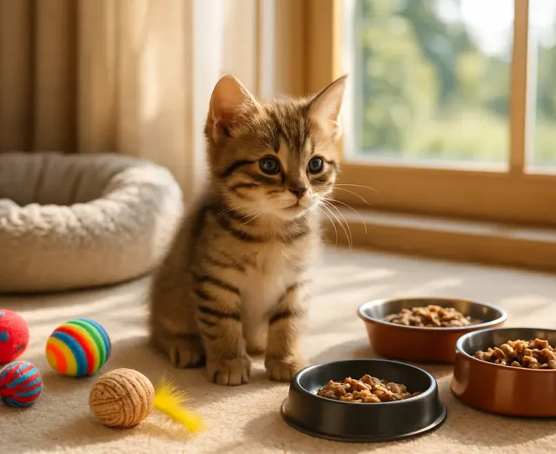Kitten surrounded by essentials like toys, food bowls, and bedding near a sunny window.