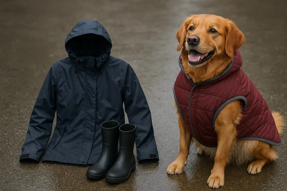 An array of dog walking gear laid out for different seasons.